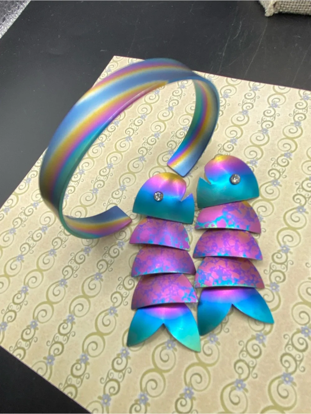 Rainbow Titanium Bangle Bracelet & Articulated Fish Earrings Pierced Dangles